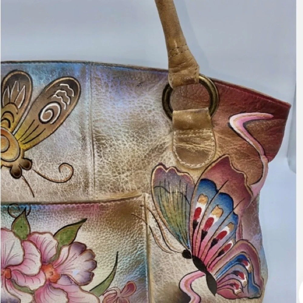VTG Anuschka Hand Paint Flower Butterflies Leather Double Strap HandBag ￼Satchel
